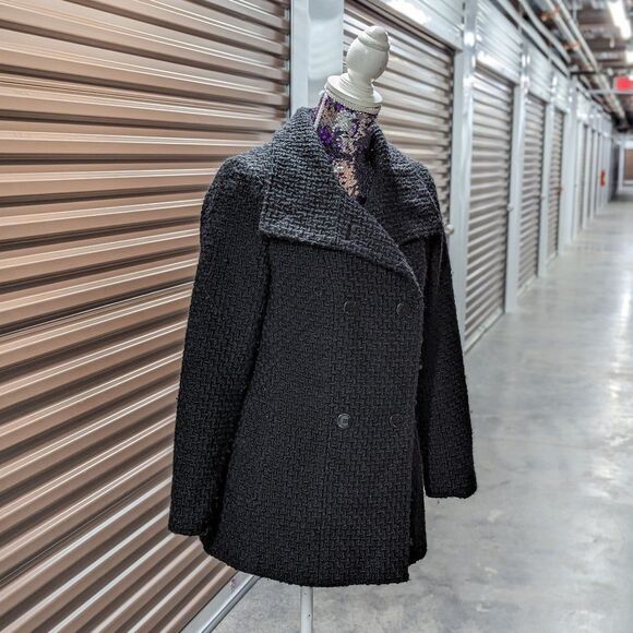 Calvin Klein Size XS Women's Black Textured Fit & Flare Wool Blend Pea Coat - Picture 5 of 12